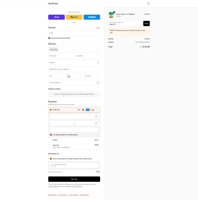 AshaPops checkout page showing AshaPops discount code box | Screenshot taken by SimplyCodes community member on Sep 3, 2025