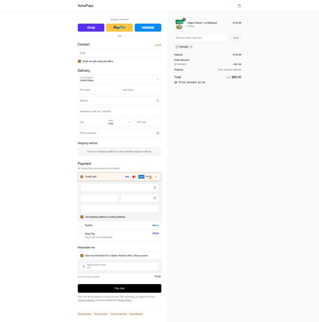 AshaPops checkout page showing AshaPops discount code box | Screenshot taken by SimplyCodes community member on Sep 3, 2025