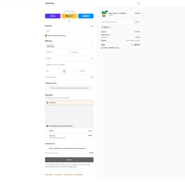 AshaPops checkout page showing AshaPops discount code box | Screenshot taken by SimplyCodes community member on Sep 3, 2025