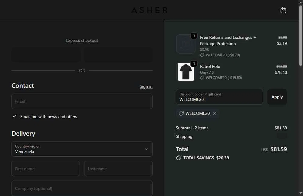 Asher Golf checkout page showing Asher Golf discount code box | Screenshot taken by SimplyCodes community member on Jan 15, 2026