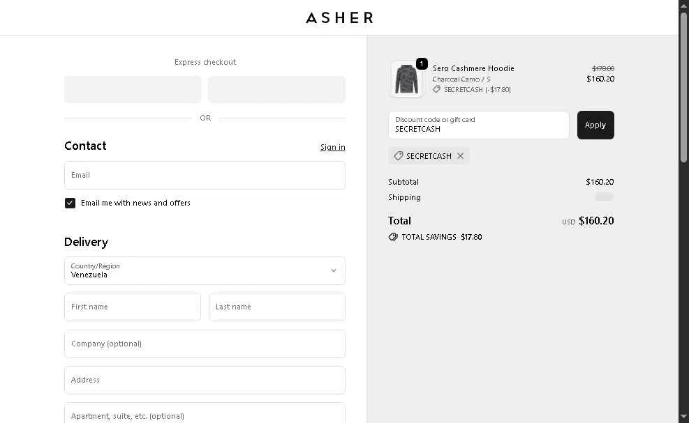 Asher Golf checkout page showing Asher Golf discount code box | Screenshot taken by SimplyCodes community member on Nov 29, 2025