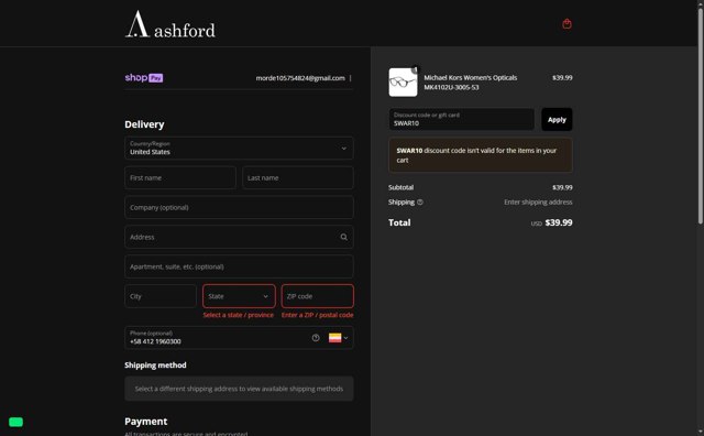 Ashford checkout page showing Ashford coupon code box | Screenshot taken by SimplyCodes community member on Aug 25, 2025