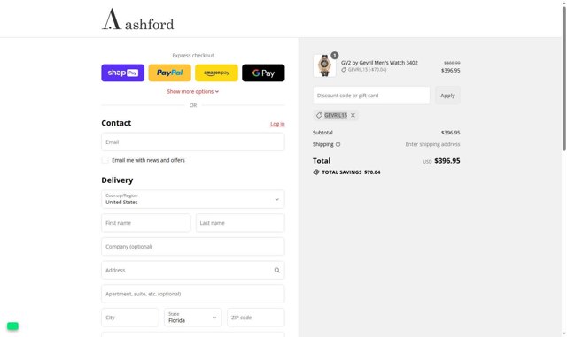 Ashford checkout page showing Ashford coupon code box | Screenshot taken by SimplyCodes community member on Aug 26, 2025