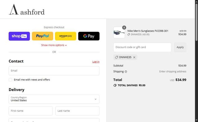 Ashford checkout page showing Ashford coupon code box | Screenshot taken by SimplyCodes community member on Aug 28, 2025