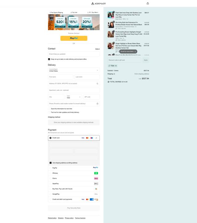 Ashimary Hair checkout page showing Ashimary Hair coupon code box | Screenshot taken by SimplyCodes community member on Sep 10, 2025