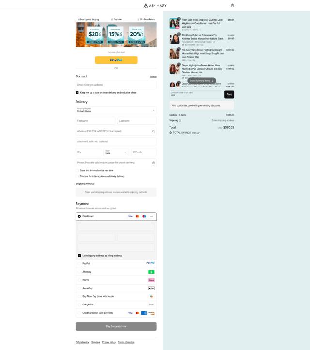 Ashimary Hair checkout page showing Ashimary Hair coupon code box | Screenshot taken by SimplyCodes community member on Sep 10, 2025