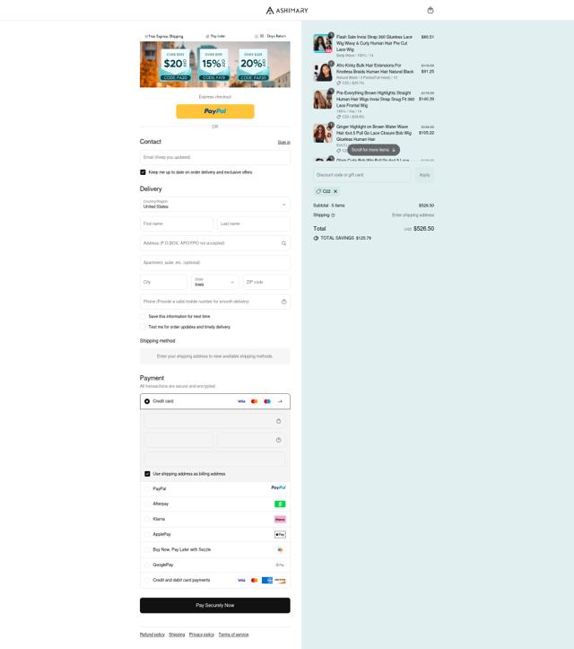 Ashimary Hair checkout page showing Ashimary Hair coupon code box | Screenshot taken by SimplyCodes community member on Sep 10, 2025