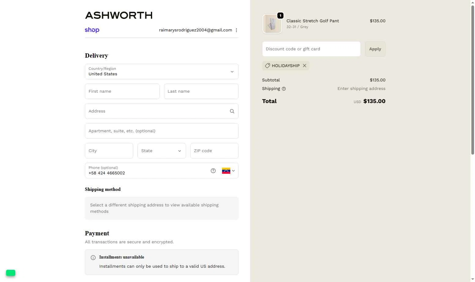 Ashworth checkout page showing Ashworth promo code box | Screenshot taken by SimplyCodes community member on Dec 16, 2025