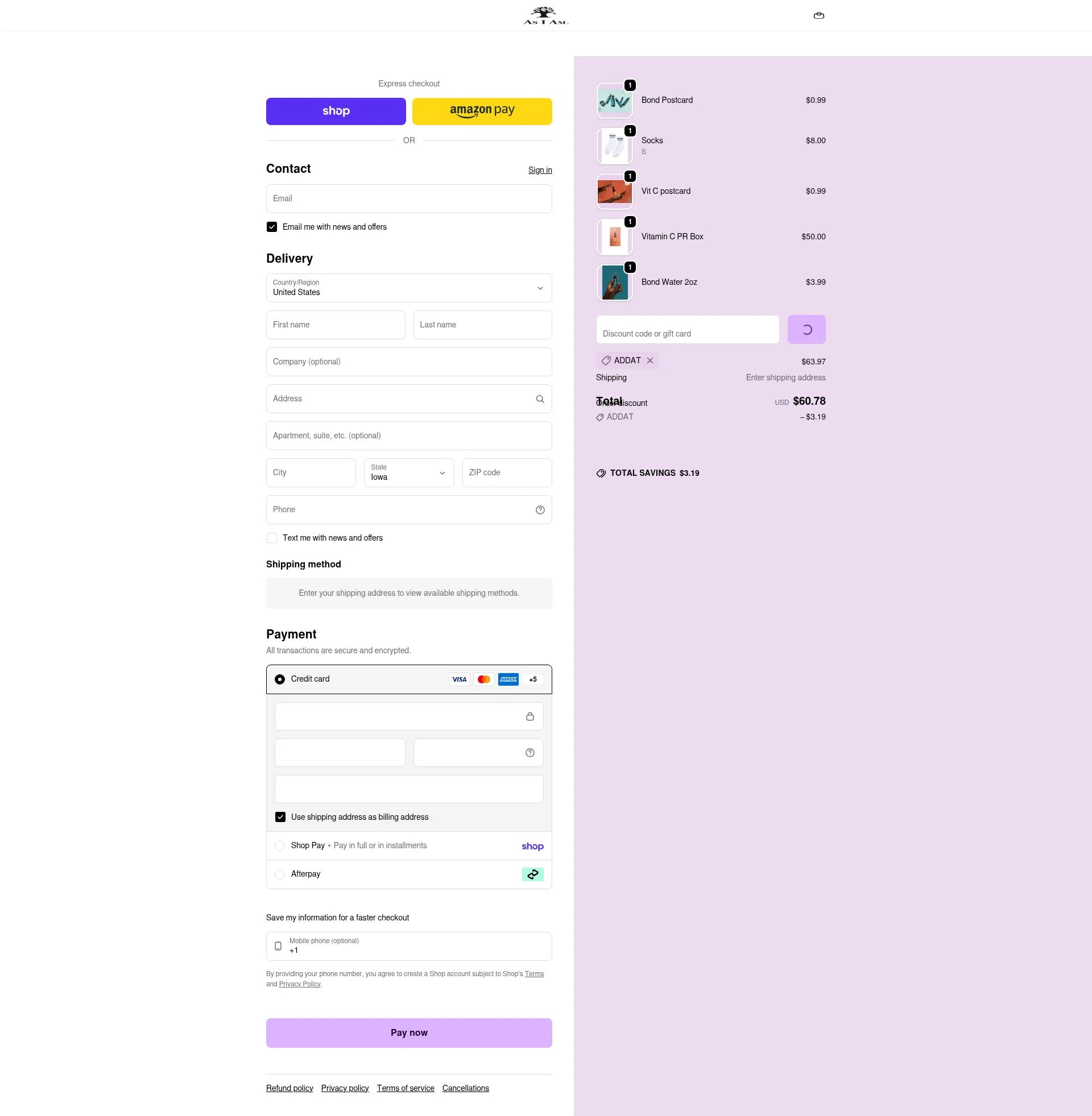 As I Am checkout page showing As I Am discount code box | Screenshot taken by SimplyCodes community member on Feb 11, 2026