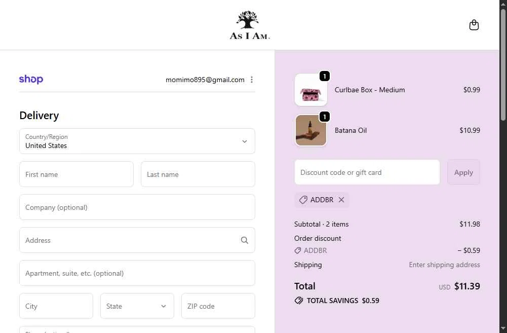 As I Am checkout page showing As I Am discount code box | Screenshot taken by SimplyCodes community member on Feb 11, 2026