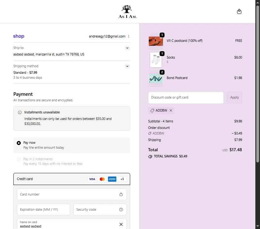 As I Am checkout page showing As I Am discount code box | Screenshot taken by SimplyCodes community member on Feb 11, 2026
