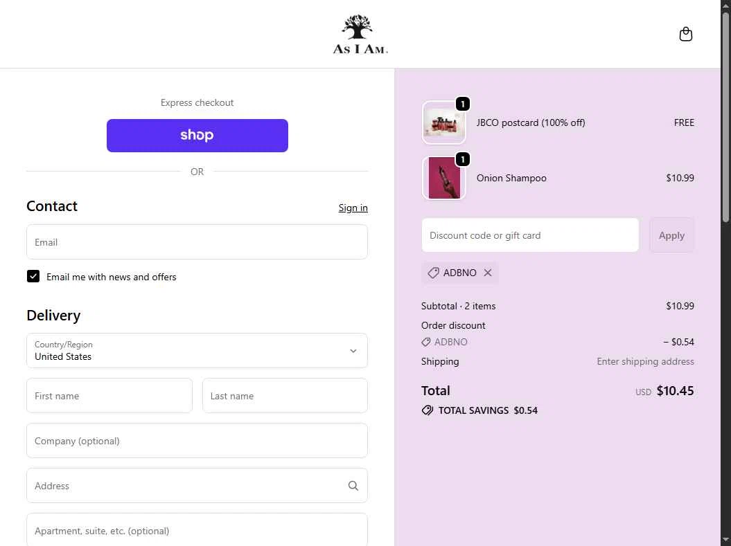 As I Am checkout page showing As I Am discount code box | Screenshot taken by SimplyCodes community member on Feb 11, 2026