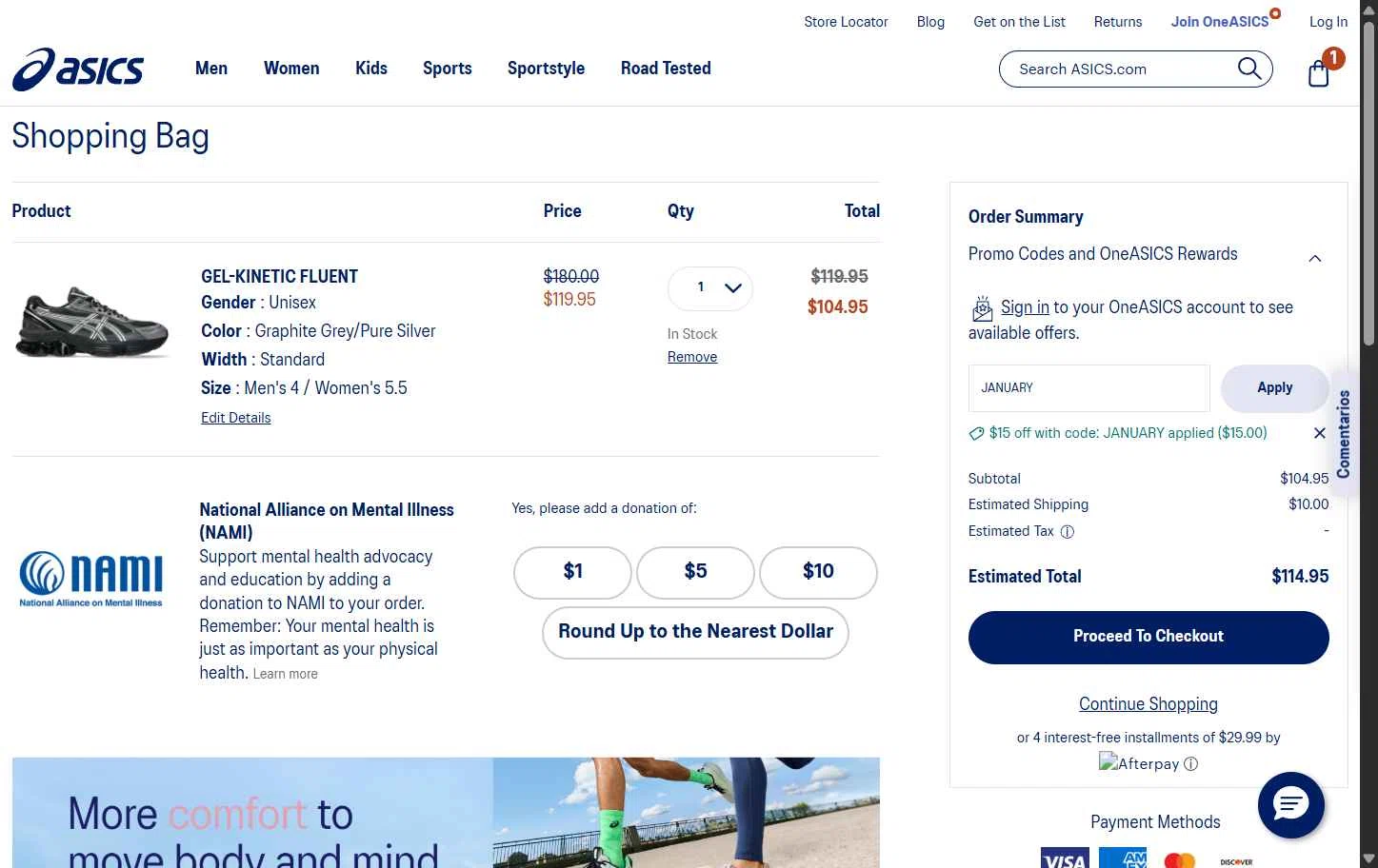 ASICS checkout page showing ASICS promo code box | Screenshot taken by SimplyCodes community member on Jan 23, 2026