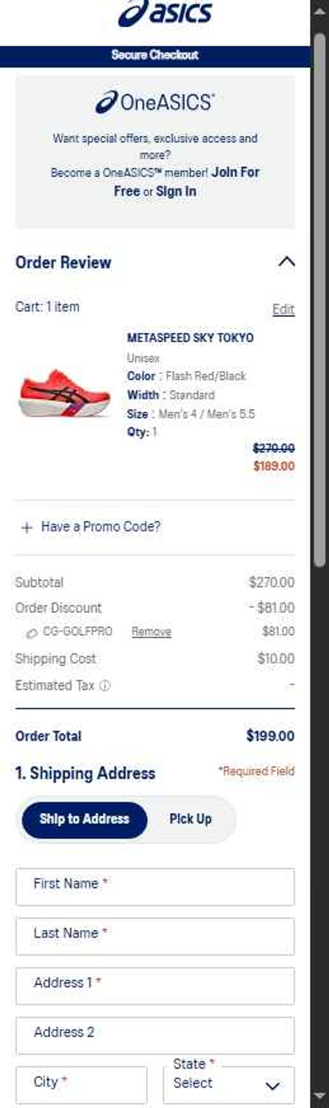 ASICS checkout page showing ASICS promo code box | Screenshot taken by SimplyCodes community member on Jul 28, 2025