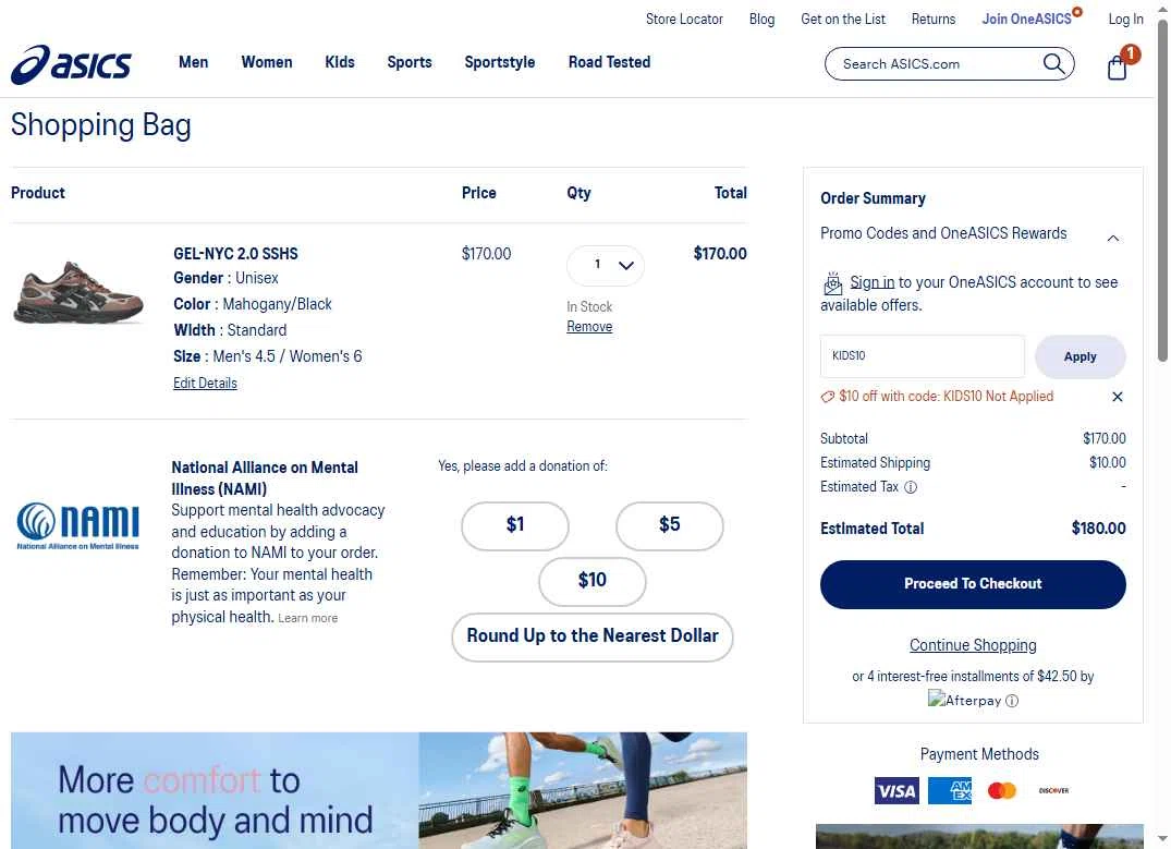 ASICS checkout page showing ASICS promo code box | Screenshot taken by SimplyCodes community member on Jan 23, 2026
