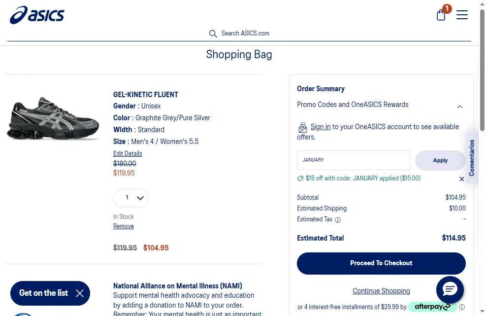 ASICS checkout page showing ASICS promo code box | Screenshot taken by SimplyCodes community member on Jan 14, 2026