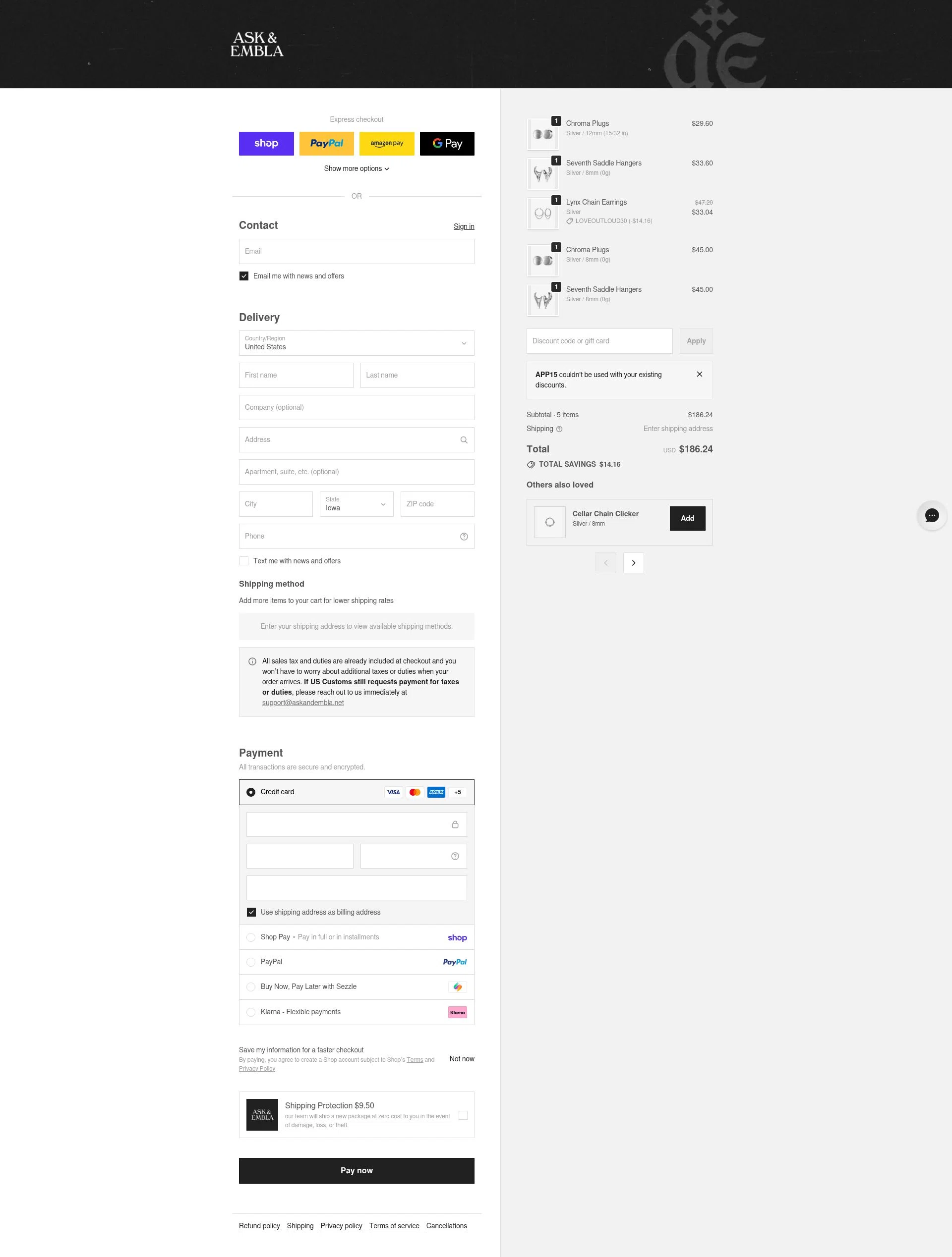 Ask and Embla checkout page showing Ask and Embla discount code box | Screenshot taken by SimplyCodes community member on Feb 14, 2026