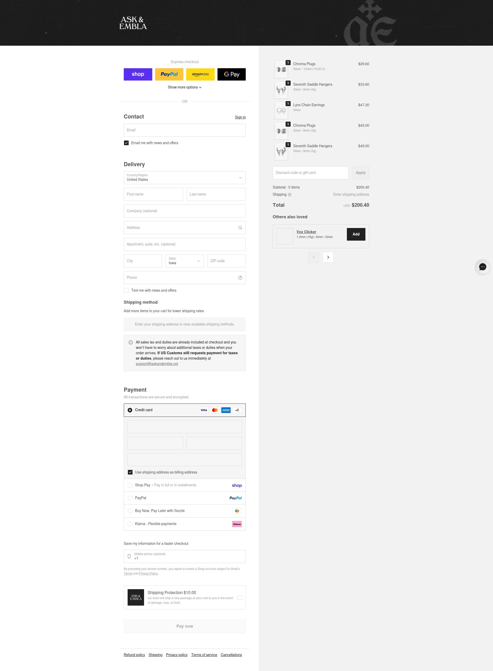 Ask and Embla checkout page showing Ask and Embla discount code box | Screenshot taken by SimplyCodes community member on Feb 16, 2026