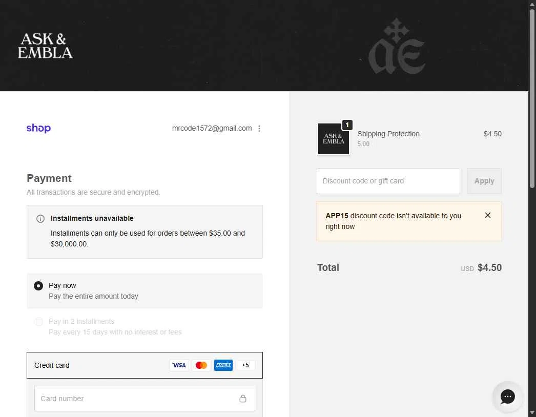 Ask and Embla checkout page showing Ask and Embla discount code box | Screenshot taken by SimplyCodes community member on Feb 20, 2026