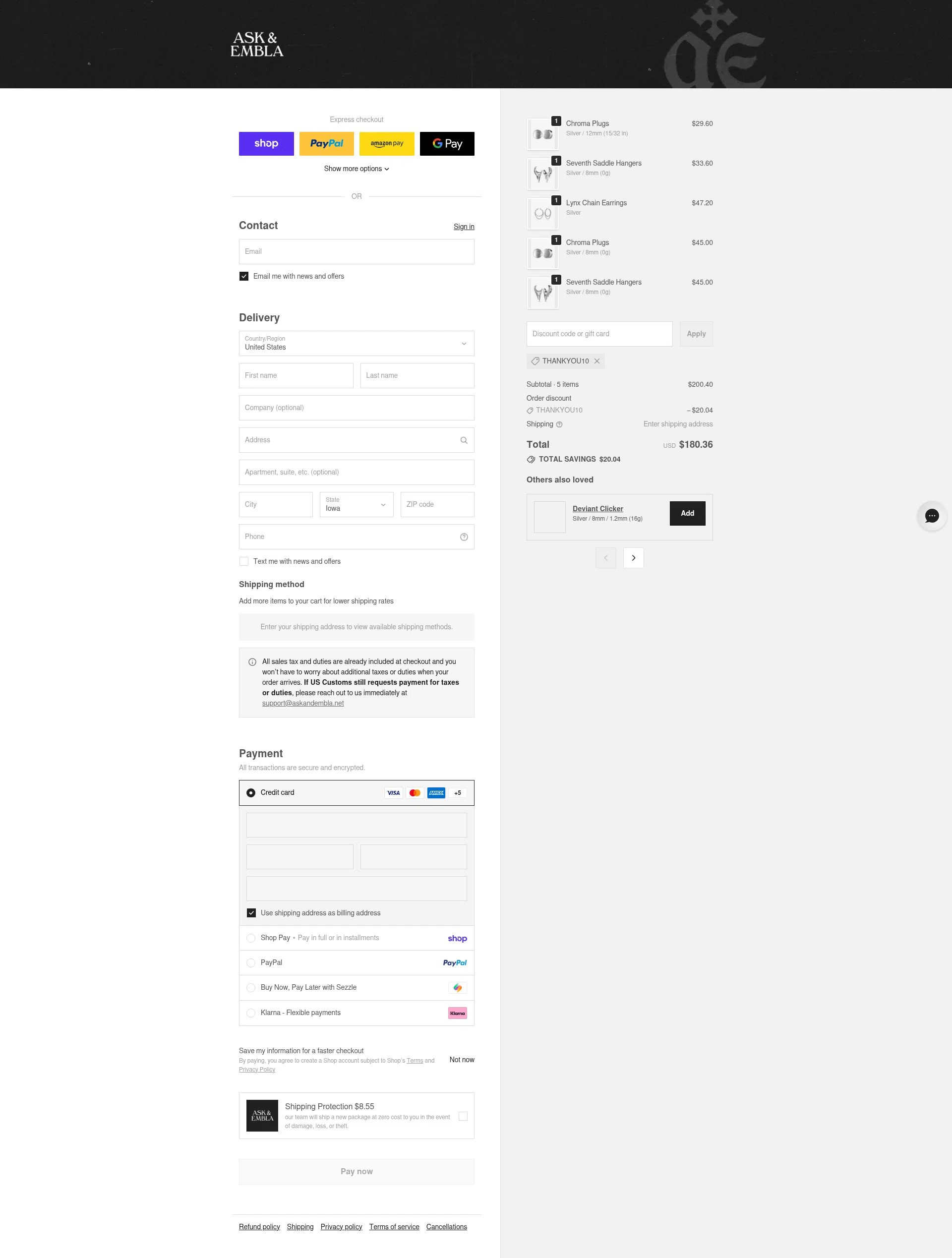 Ask and Embla checkout page showing Ask and Embla discount code box | Screenshot taken by SimplyCodes community member on Feb 14, 2026