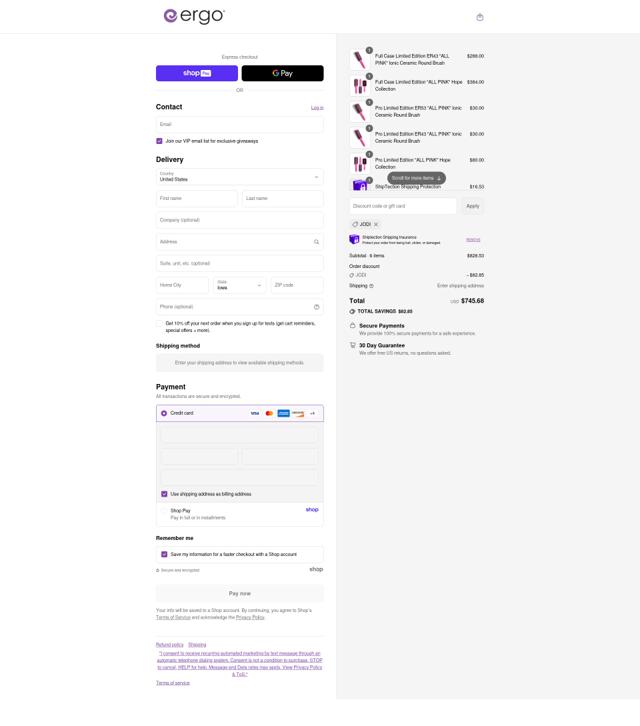 Ergo Styling Tools checkout page showing Ergo Styling Tools discount code box | Screenshot taken by SimplyCodes community member on Aug 27, 2025