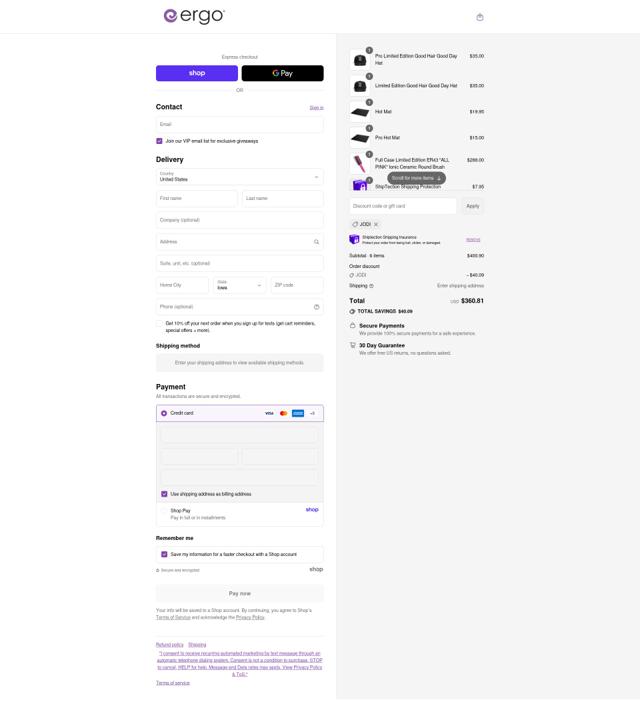 Ergo Styling Tools checkout page showing Ergo Styling Tools discount code box | Screenshot taken by SimplyCodes community member on Sep 12, 2025