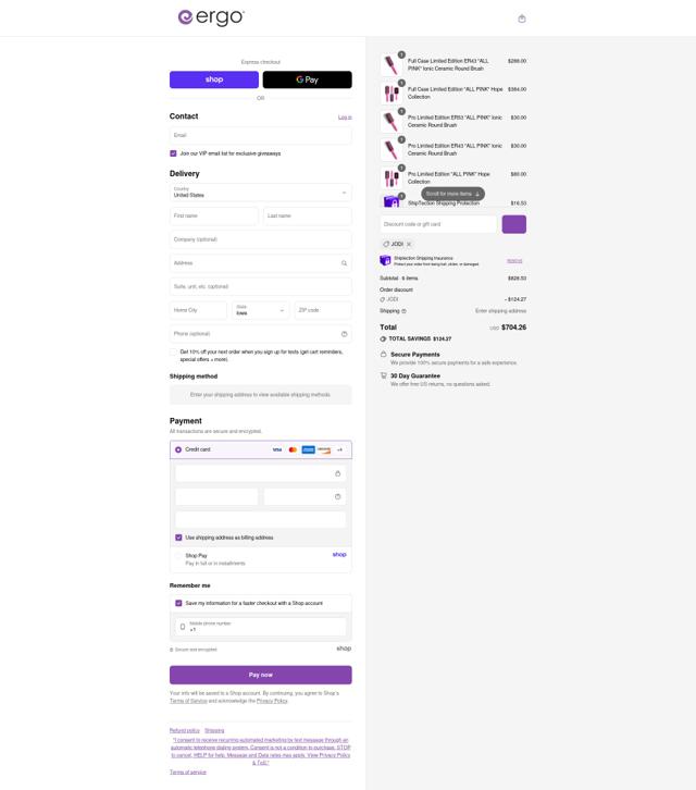 Ergo Styling Tools checkout page showing Ergo Styling Tools discount code box | Screenshot taken by SimplyCodes community member on Sep 4, 2025