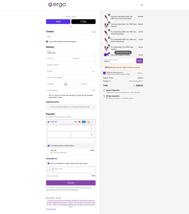 Ergo Styling Tools checkout page showing Ergo Styling Tools discount code box | Screenshot taken by SimplyCodes community member on Sep 4, 2025
