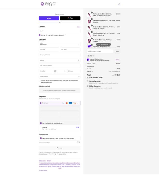 Ergo Styling Tools checkout page showing Ergo Styling Tools discount code box | Screenshot taken by SimplyCodes community member on Aug 31, 2025