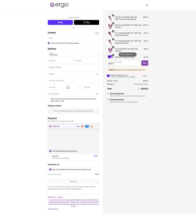 Ergo Styling Tools checkout page showing Ergo Styling Tools discount code box | Screenshot taken by SimplyCodes community member on Aug 31, 2025