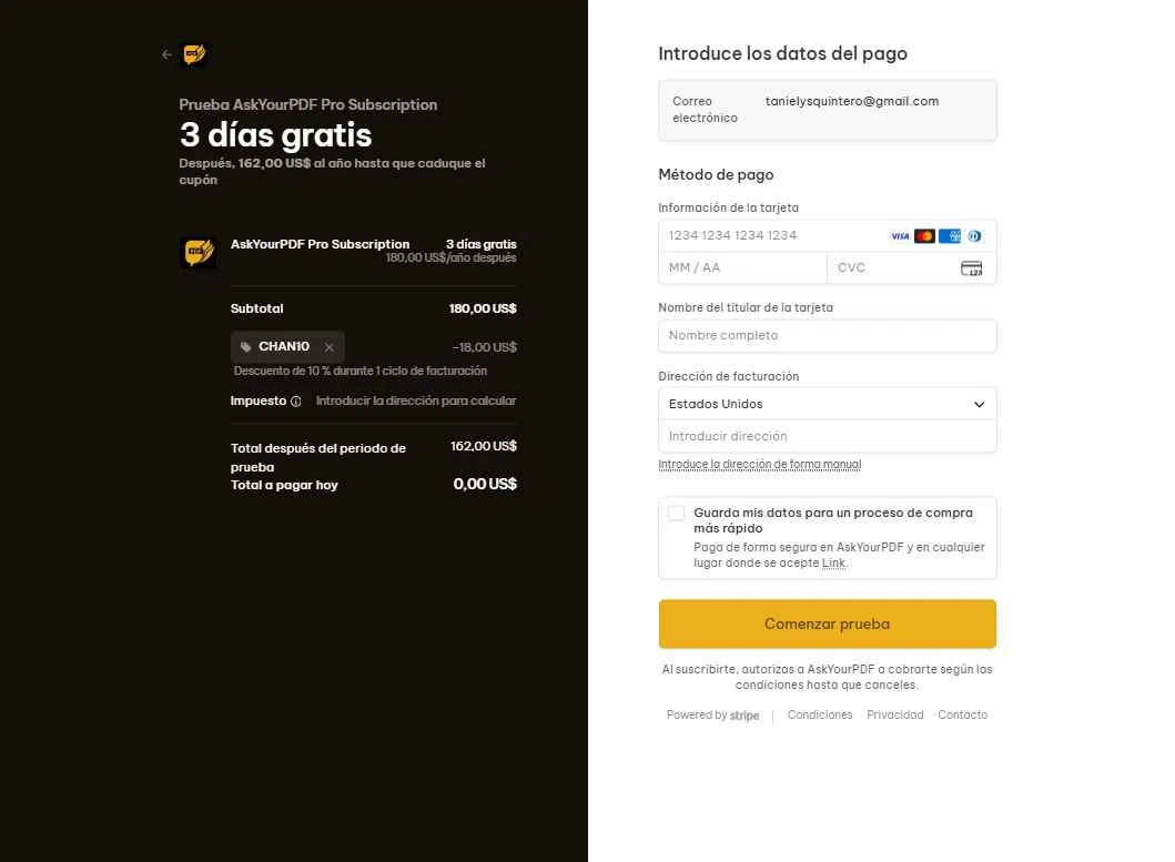 Ask Your PDF checkout page showing Ask Your PDF promo code box | Screenshot taken by SimplyCodes community member on Oct 18, 2025