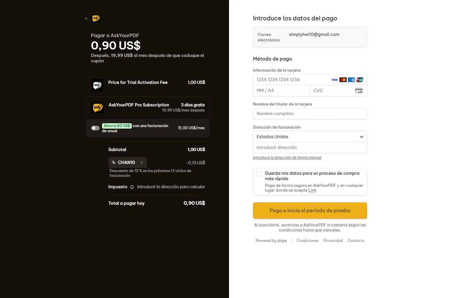 Ask Your PDF checkout page showing Ask Your PDF promo code box | Screenshot taken by SimplyCodes community member on Jan 13, 2026