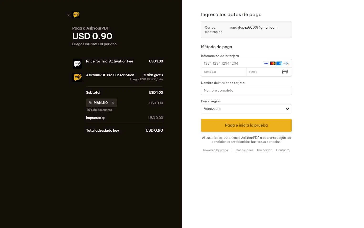 Ask Your PDF checkout page showing Ask Your PDF promo code box | Screenshot taken by SimplyCodes community member on Nov 7, 2025