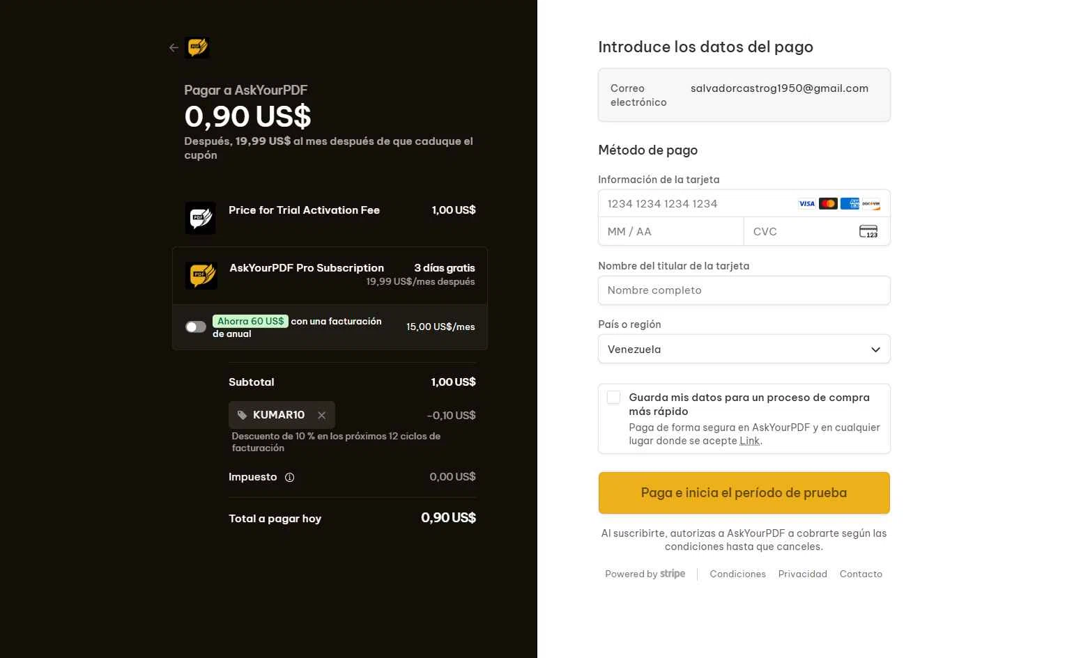 Ask Your PDF checkout page showing Ask Your PDF promo code box | Screenshot taken by SimplyCodes community member on Dec 12, 2025