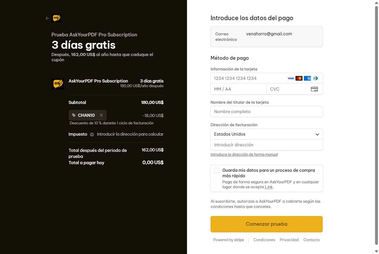 Ask Your PDF checkout page showing Ask Your PDF promo code box | Screenshot taken by SimplyCodes community member on Feb 11, 2026