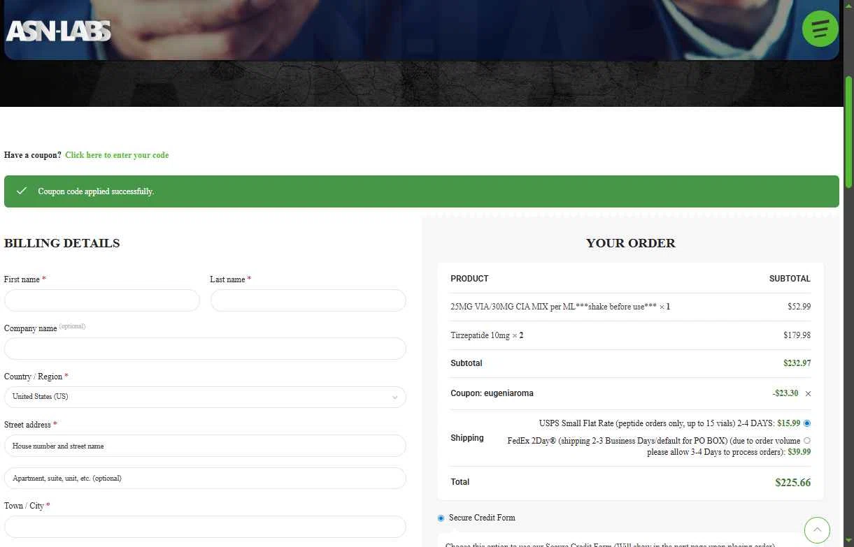 ASN Labs checkout page showing ASN Labs promo code box | Screenshot taken by SimplyCodes community member on Dec 3, 2025