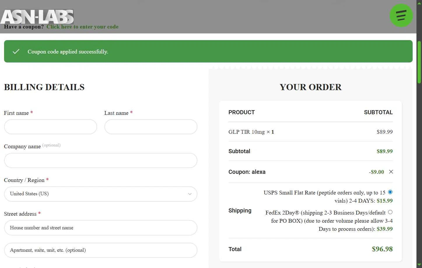 ASN Labs checkout page showing ASN Labs promo code box | Screenshot taken by SimplyCodes community member on Dec 9, 2025