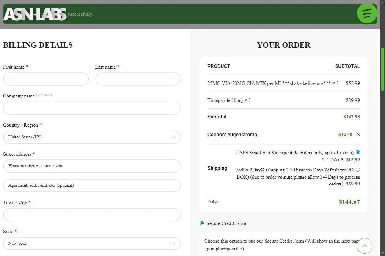 ASN Labs checkout page showing ASN Labs promo code box | Screenshot taken by SimplyCodes community member on Dec 3, 2025