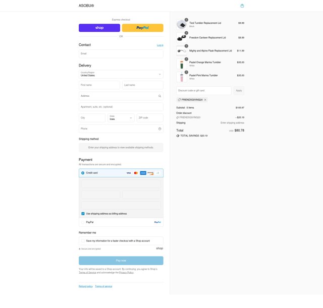 Asobu checkout page showing Asobu promo code box | Screenshot taken by SimplyCodes community member on Sep 2, 2025