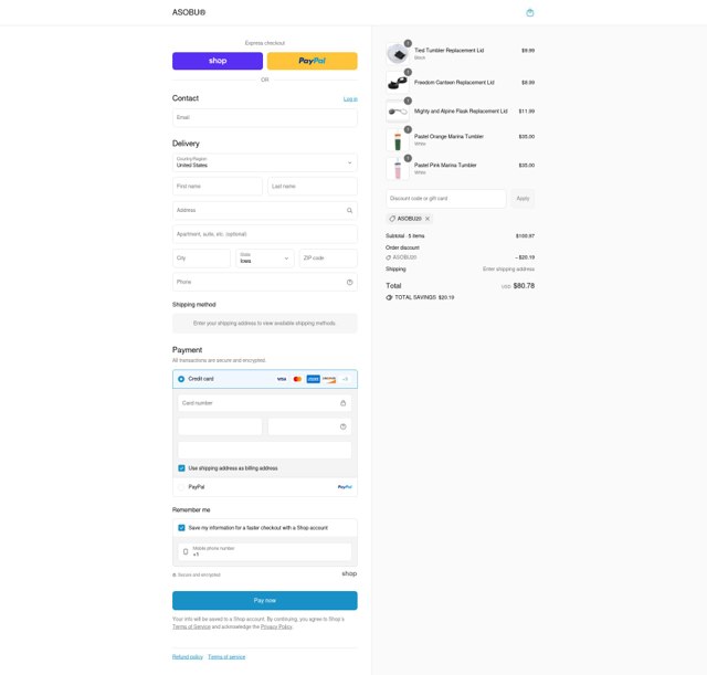 Asobu checkout page showing Asobu promo code box | Screenshot taken by SimplyCodes community member on Aug 29, 2025