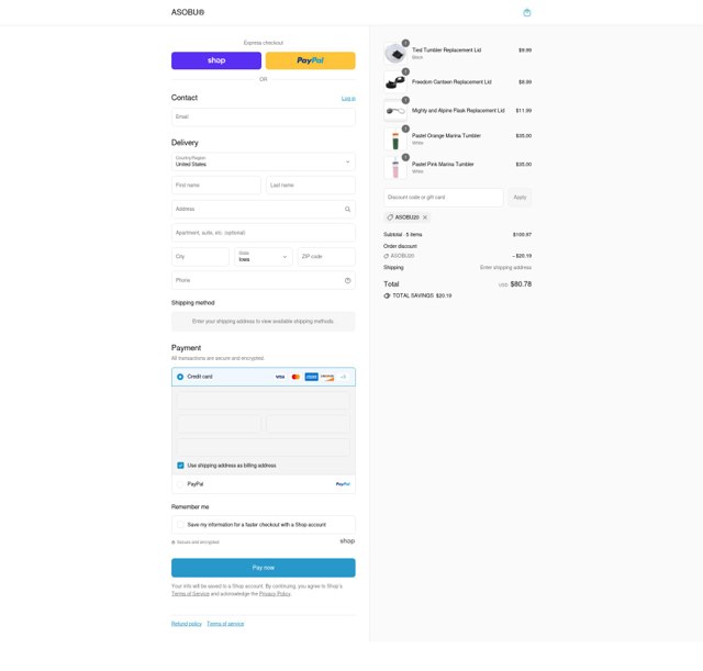 Asobu checkout page showing Asobu promo code box | Screenshot taken by SimplyCodes community member on Sep 2, 2025