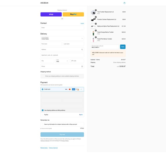 Asobu checkout page showing Asobu promo code box | Screenshot taken by SimplyCodes community member on Sep 2, 2025
