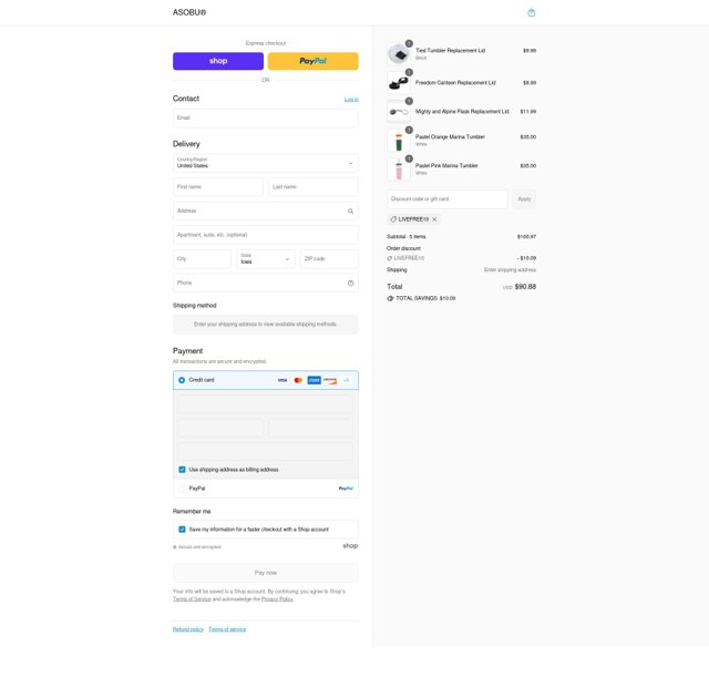 Asobu checkout page showing Asobu promo code box | Screenshot taken by SimplyCodes community member on Sep 2, 2025