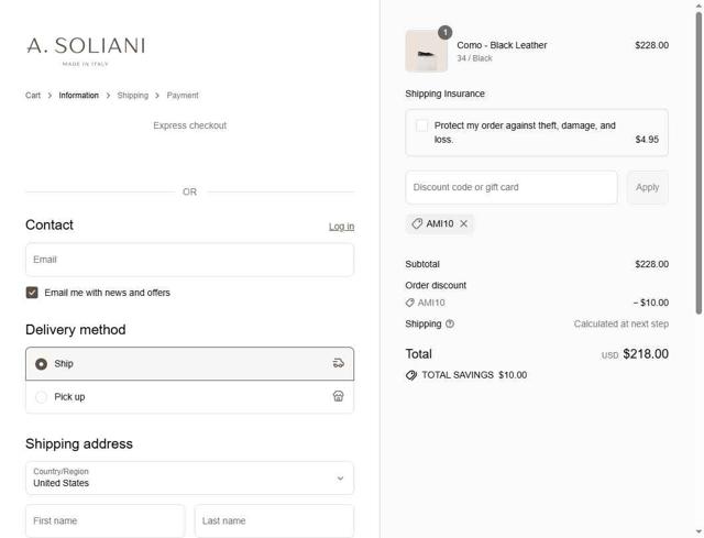 A. Soliani checkout page showing A. Soliani promo code box | Screenshot taken by SimplyCodes community member on Aug 29, 2025