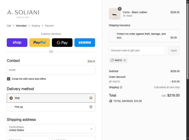 A. Soliani checkout page showing A. Soliani promo code box | Screenshot taken by SimplyCodes community member on Sep 10, 2025