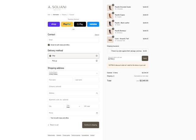 A. Soliani checkout page showing A. Soliani promo code box | Screenshot taken by SimplyCodes community member on Sep 10, 2025