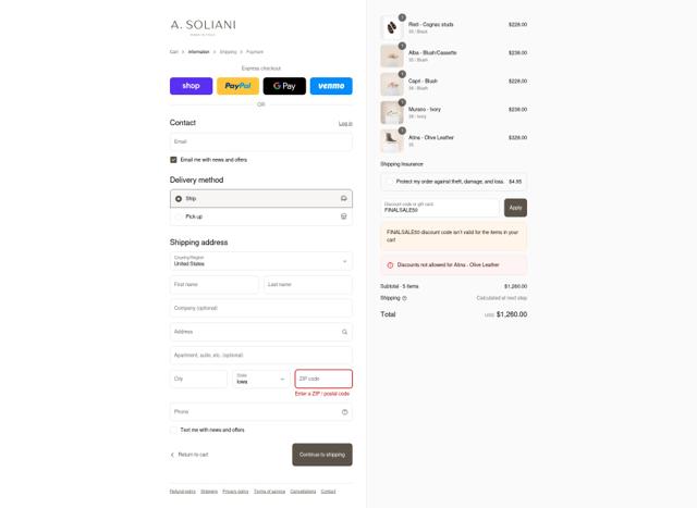 A. Soliani checkout page showing A. Soliani promo code box | Screenshot taken by SimplyCodes community member on Sep 2, 2025