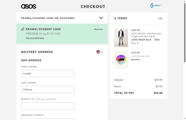 ASOS checkout page showing ASOS promo code box | Screenshot taken by SimplyCodes community member on Aug 29, 2025