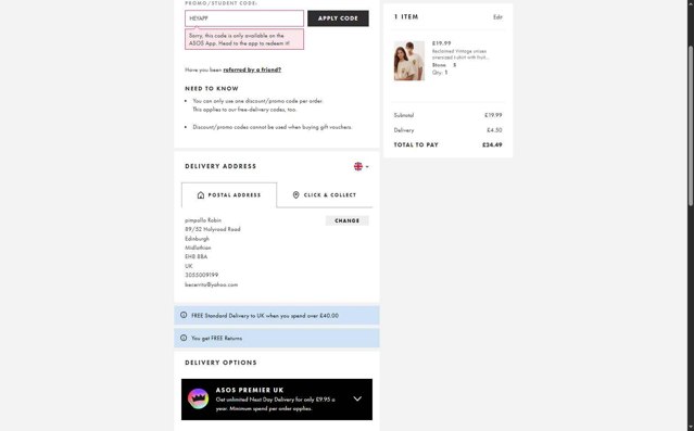 ASOS checkout page showing ASOS promo code box | Screenshot taken by SimplyCodes community member on Aug 25, 2025