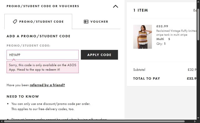 ASOS checkout page showing ASOS promo code box | Screenshot taken by SimplyCodes community member on Aug 22, 2025